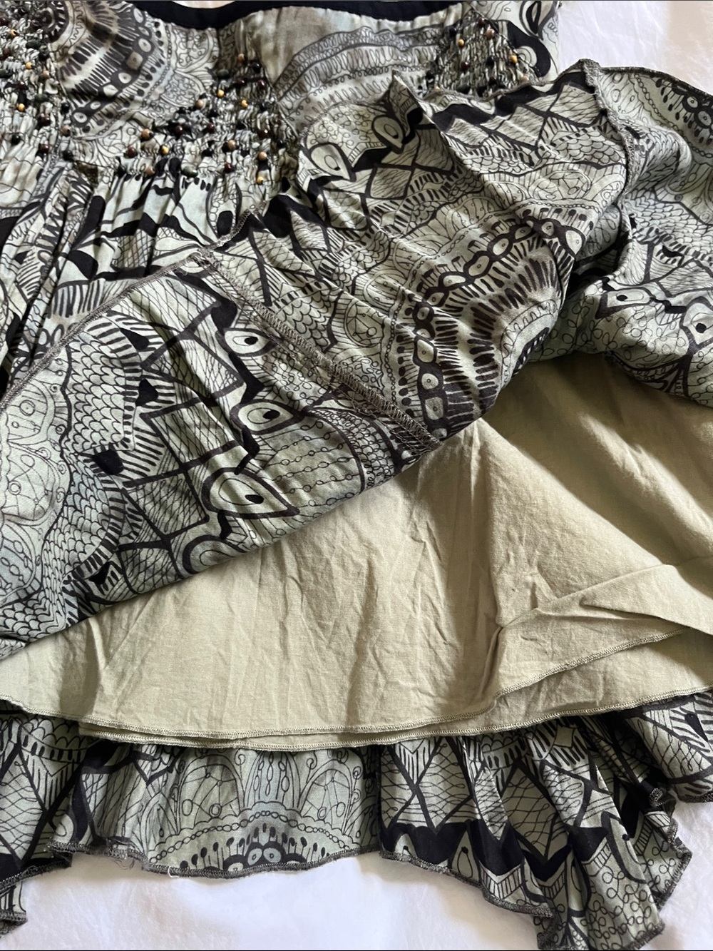 Free people vintage beaded boho printed mini skirt fairy jagged hem green black - Picture 6 of 9